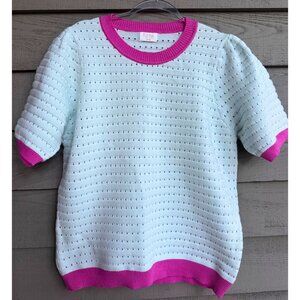 Fate Mint Green Pointelle Knit Short Sleeve Sweater Top with Pink Trim Large